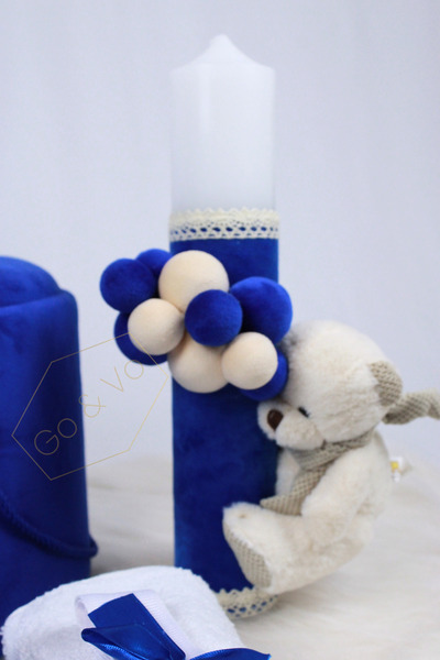 GoVo Kids Baptism Candle with Velvet, Teddy Bear, 35x7 cm, Godfather Gift