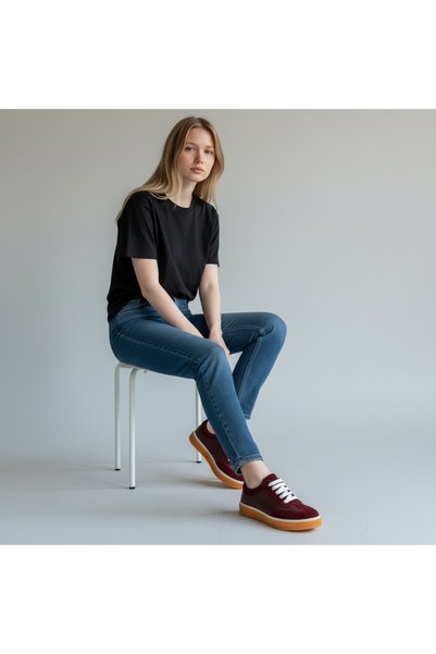 Dağlı Burgundy Suede Genuine Leather Lace-Up Sports Shoes Comfort Sneaker Unisex