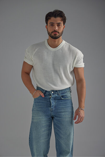 OUTFİT MAN Loose Fit Oversize Triko Tshirt Beyaz