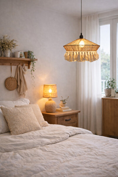 mammoly El Yapımı Bohem Püsküllü Avize, Modern Rafya Bambu Tarz, Rustik Avize...