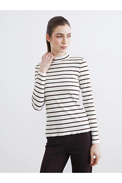 LC Waikiki Lcw Modest Brown Mock Neck Striped Women's Bodysuit