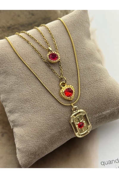 roshel 3-Piece Steel Necklace Set Red Zircon Stone Necklace Set