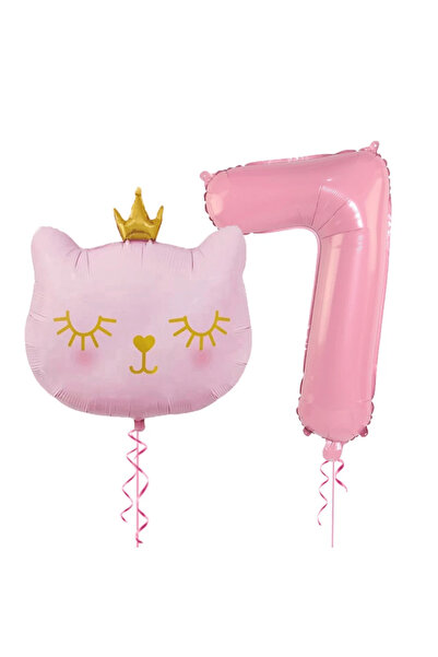 Bunloon 7 Yaş Retro Pembe Rakam Kedi Kafa Folyo Balon Set Parti Süsleme