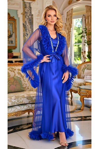 bigmama Bridal Nightgown Set Luxurious Long Satin Nightgown and Ruffled Tulle...