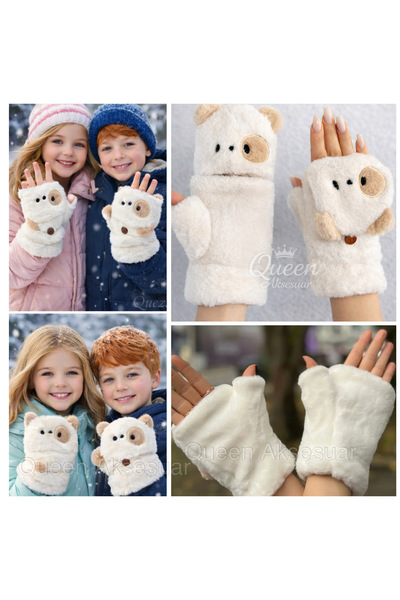 QUEEN AKSESUAR Plush Furry Teddy Bear Foldable Buttoned Fingerless Children's...