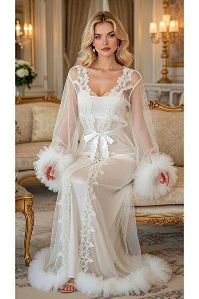 bigmama Luxurious Satin Nightgown – Elegant Lace and Feathered Robe Dowry Set