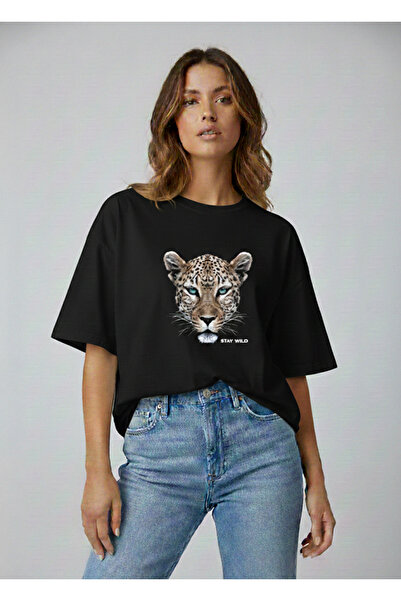 Mayer Butik Unisex Men'S/Women's Leopard Printed Oversize Cotton Crew Neck T-...