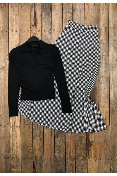 tülaybutik Women's Houndstooth Patterned Long Skirt and Polo-Neck Knit Sweate...