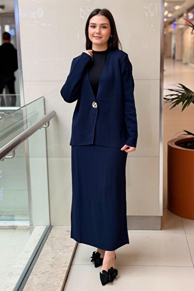 Ghisa V-Neck Single Button Cardigan Skirt Knitwear Set