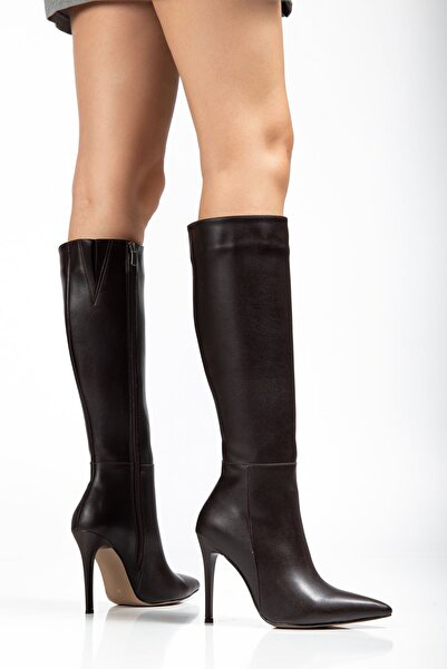 Zerenyus Exi̇n-226 Premium Brown Zippered Elastic Thin High Heeled Women's Boots