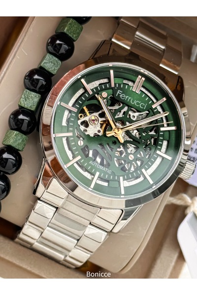 Ferrucci Automatic Men's Wristwatch, Green Dial, Silver Steel Strap in Stylis...