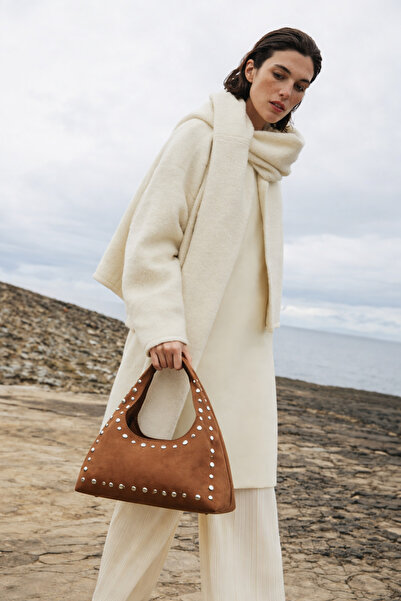 Assia Atelier Taba Zımbalı Şık Kadın Omuz Çantası Metal Detaylı