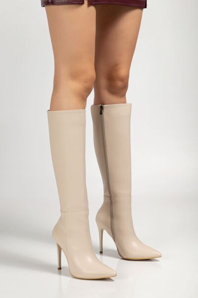 Zerenyus Exi̇n-226 Premium Beige Zippered Elastic Thin High Heeled Women's Boots