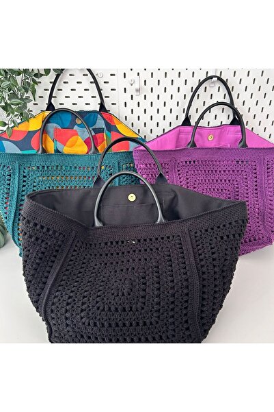 B BUL AKSESUAR El Örgüsü Bohem Tote Çanta – Astarlı, Cepli, Metal Kapamalı ve...