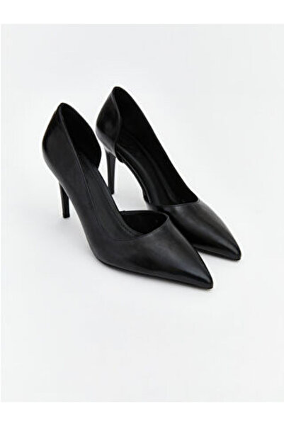 LC Waikiki Black Leather Look Pointed Toe Women's Heeled Shoes