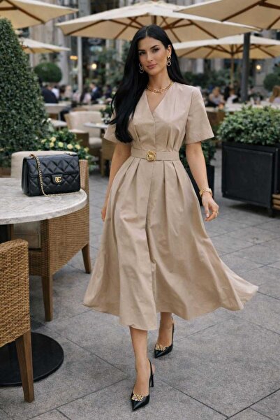 ANBLYs COLLECTION A-Cut Waist Draped Buckle Belt Slit Midi Length V-Neck Short Sleeves Papertouch Fabric Dress