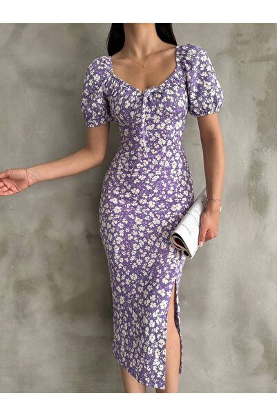 buqre's moda Summer Flower Pattern Watermelon Sleeve Slit Detail Dress