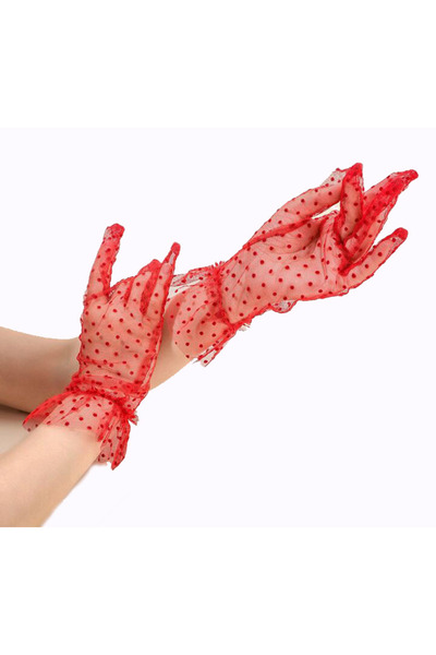 Go İthalat Short Length Lace Red Polka Dot Tulle Gloves Red Color (5343)