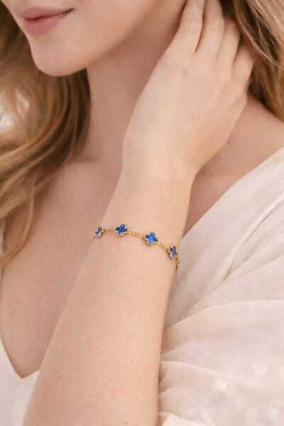 sheenez Stainless steel Yonca OneCleef Çelik Şans Gold-Lacivert Zincir Bilekl...