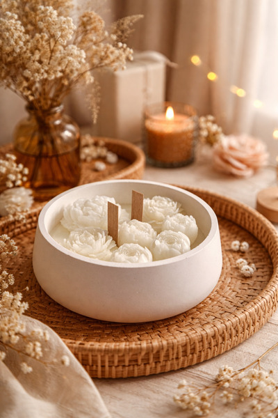 Sirius Atelier Çiçek Detaylı Beton Mum Saksı – Doğal & Şık Dekor