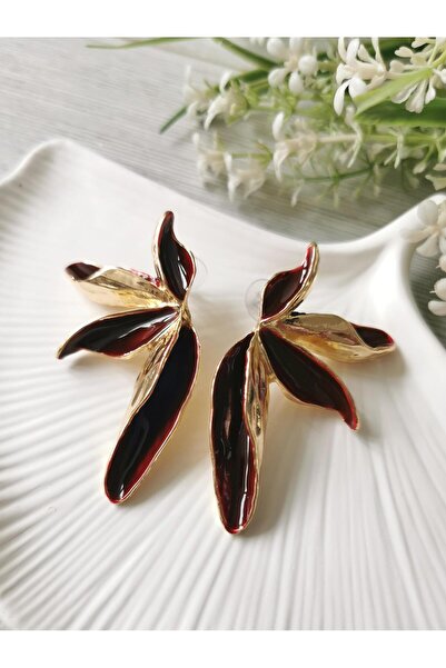 Halley Concept Burgundy Enamel Gold Detailed Leaf Earrings