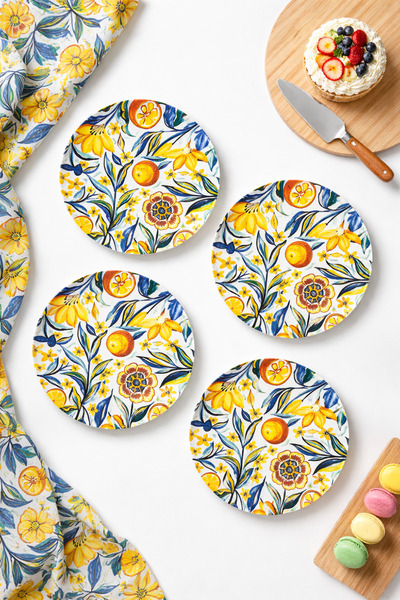 grandora Colorful Citrus Flower Patterned (6 Pieces, 27 cm) Serving Plate |   Pasta, Dessert, Breakfast Plate Set