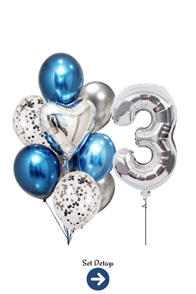Bunloon 3 Yaş Gümüş Rakam Mavi Gümüş Balon Set Parti Süsleme
