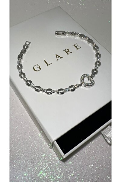 GLARE JEWELRY CO سلسلة على شكل قلب فضية اللون، سوار فولاذي 15+3 سم