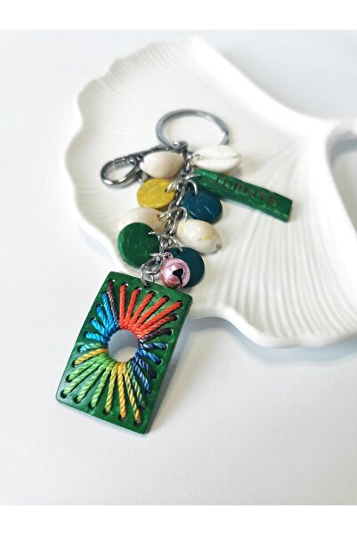 Halley Concept Green rectangular figure keychain charm with turkish writing
