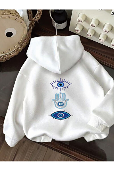 Rayan & Hoor Style Nazar printed white oversized hooded sweatshirt hoodie