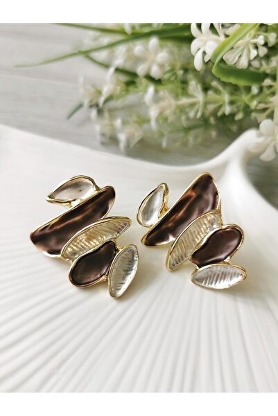 Halley Concept Double Color Asymmetrical Gold Detailed Earrings