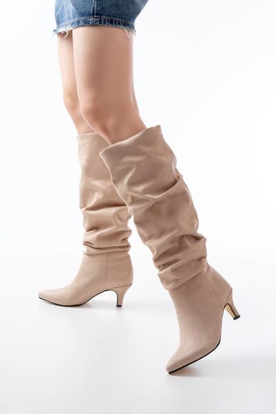 Zerenyus Exi̇n-Sr-2001 Premium Beige Suede Thin Heeled Daily Women's Boots