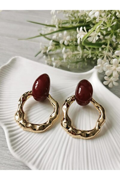 Halley Concept Bordo Damla Gold Hoop Earrings