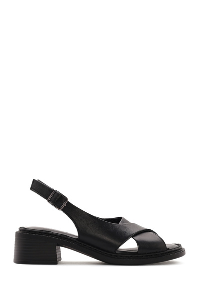 Derimod Γυναικεία δερμάτινα πέδιλα με κοντό τακούνι και μαύρη αγκράφα στον ασ...