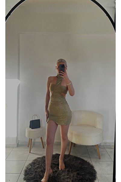 ibiza boutiques Kadın Sırt Bağlamalı Boğazlı Mini Gece Elbisesi