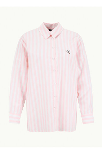 Fabrika Loose Fit Gömlek Yaka Çizgili Pembe - Beyaz Kadın Gömlek F6SL-GML0148
