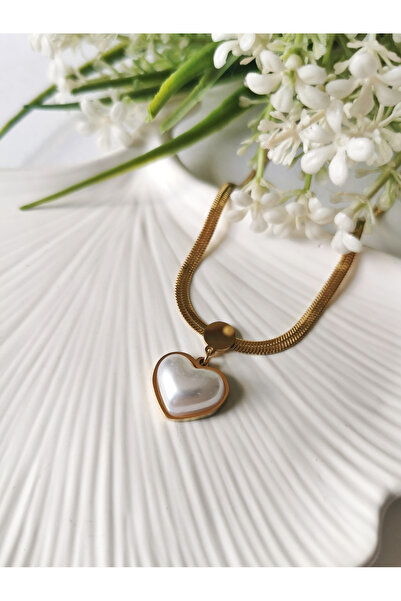 Halley Concept Heart-shaped pearl accented gold italian chain steel necklace