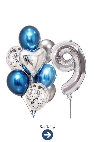 Bunloon 9 Yaş Gümüş Rakam Mavi Gümüş Balon Set Parti Süsleme