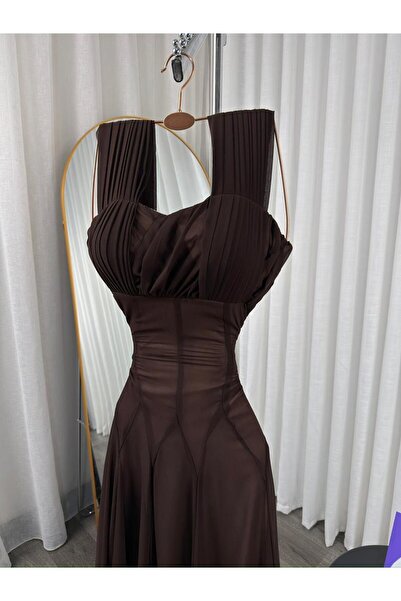MİLA FASHİON Mocha draped chiffon dress with a corset cut