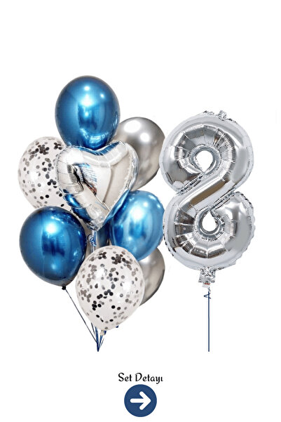 Bunloon 8 Yaş Gümüş Rakam Mavi Gümüş Balon Set Parti Süsleme