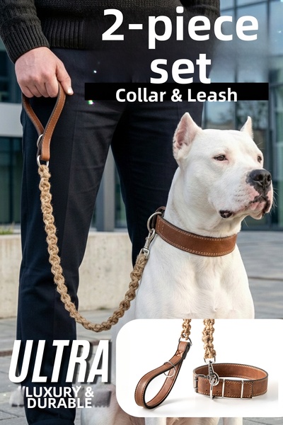 pasiole Dog Collar Set – Vegan Leather Collar and Jute Rope Leash, Medium and...
