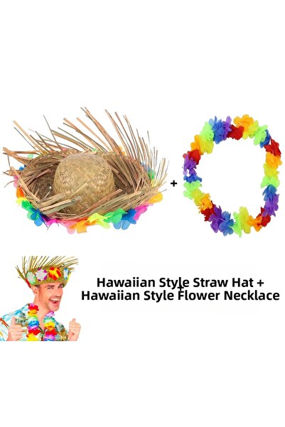 magicool Hawaiian Style Tropical Floral Straw Hat and Floral Hawaiian Necklace