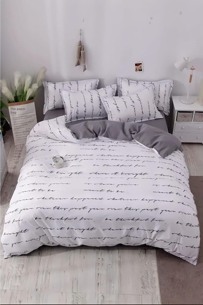 Always Double-Sided Double Bed Duvet Cover Set with Elastic Sheet, Letter Gray