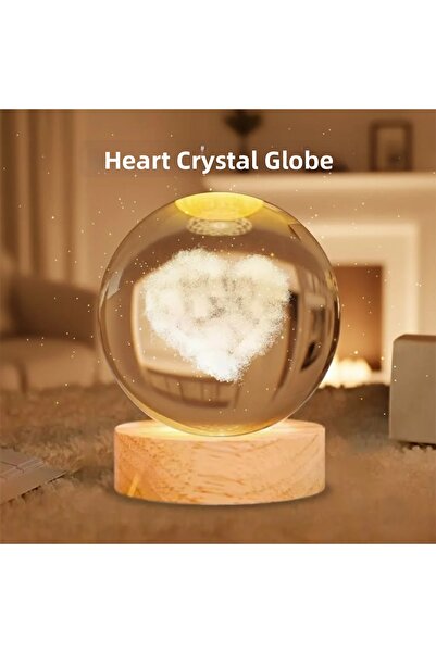 Fırsatkolik كرة زجاجية مضيئة بتصميم قلب مع حامل خشبي، خيار هدية