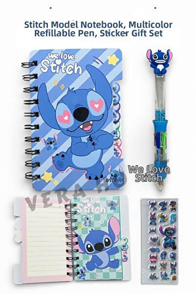 VERA HOUSE Stitch Model Notepad 6 Colorful Ballpoint Pen Set with Sticker Gift