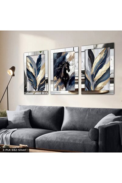 Evinemoda Black Horse and Leaf Tablo cu oglindă din plexiglas argintiu, 3 piese