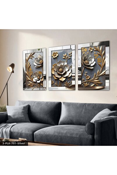 Evinemoda Floare cu frunze aurii, tablou din plexiglas cu oglindă, 3 piese