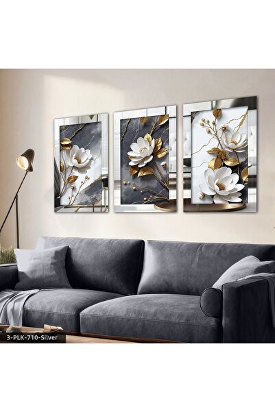 Evinemoda Textured Appearance White Flower 3 Piece Plexiglass Mirrored Painting