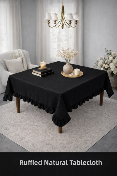 ÇIQRIK HOME مفرش طاولة أسود طبيعي مزخرف بالكشكشة - قابل للغسل - من سلسلة ناتش...