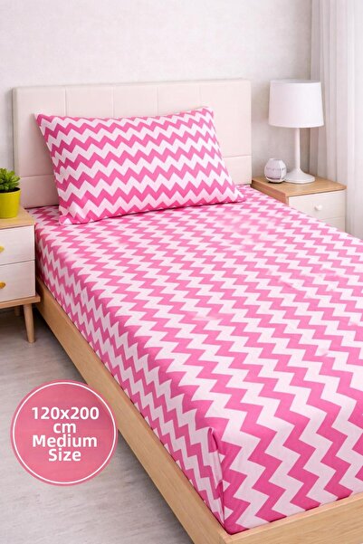 Eponj Home طقم ملاءات قطنية مطاطية مقاس متوسط ​​120x200 سم زجزاجي باللون الوردي